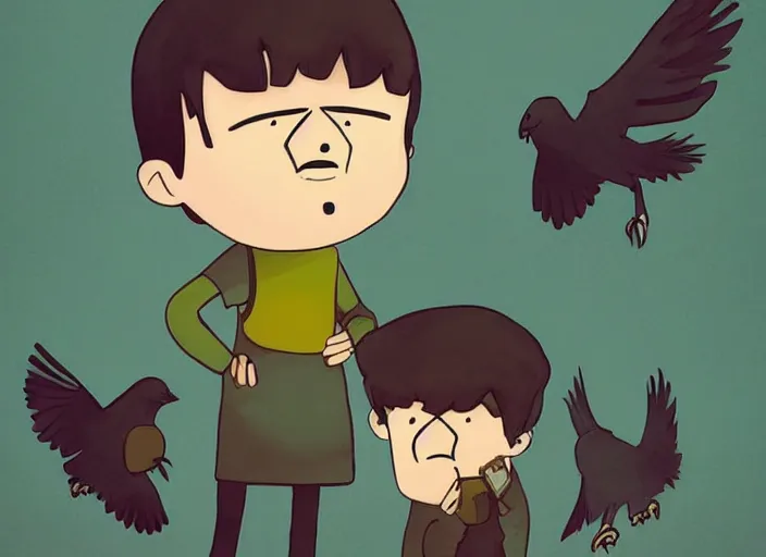 Image similar to cartoon still, a small boy with dark hair, wearing farm clothes, he has a small crow on his shoulder, artstation, inspired by adventure time, by padleton ward