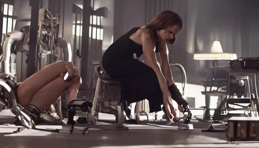 Image similar to Film Noir, John Wick, Inherent Vice, Olivia Pope, Olympics footage, female Sprinter athletes recovering from a race, tuning their mechanical legs with mechanics helping, intense moment, cinematic stillframe, dramatic lighting, The fifth element, vintage robotics, formula 1, starring Geena Davis