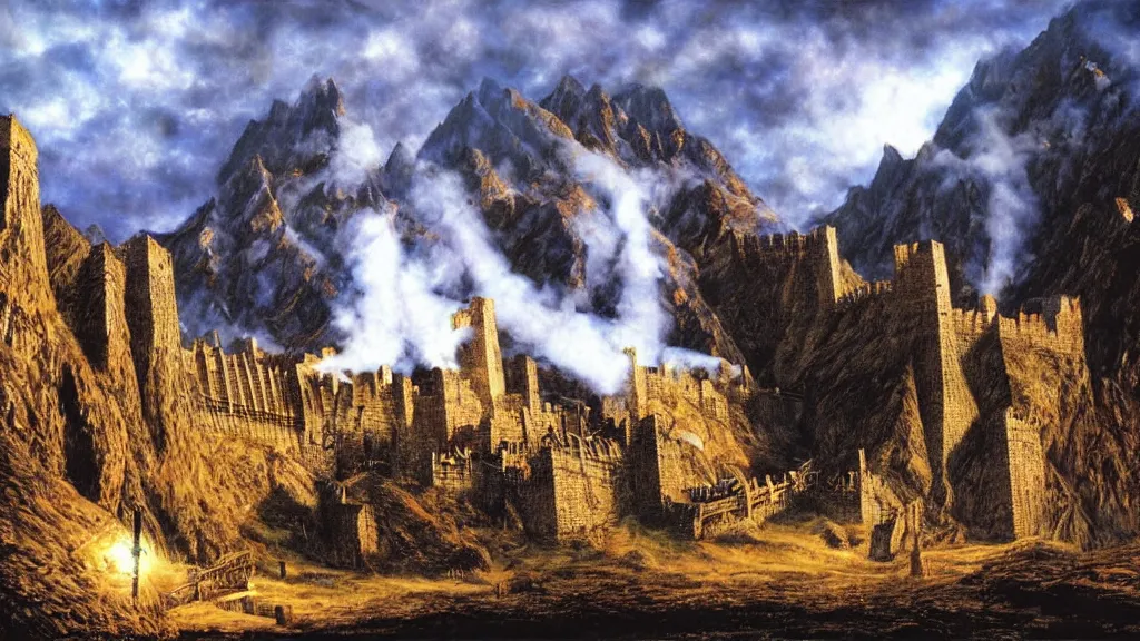 Image similar to beautiful helms deep, hornburg lit by sunshine on a bright day, by alan lee, intricate, smoke trails, lord of the rings calendar, smooth, detailed terrain, oil painting