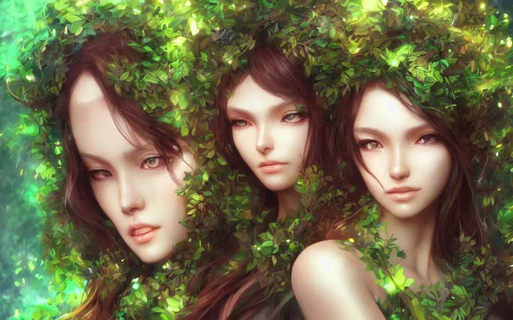 Image similar to A realistic anime portrait of a beautiful dryad twins with glowing green eyes and tree bark skin wearing clothes made of leaves, digital painting, by Stanley Artgerm Lau, Sakimichan, WLOP and Rossdraws, digtial painting, trending on ArtStation, SFW version