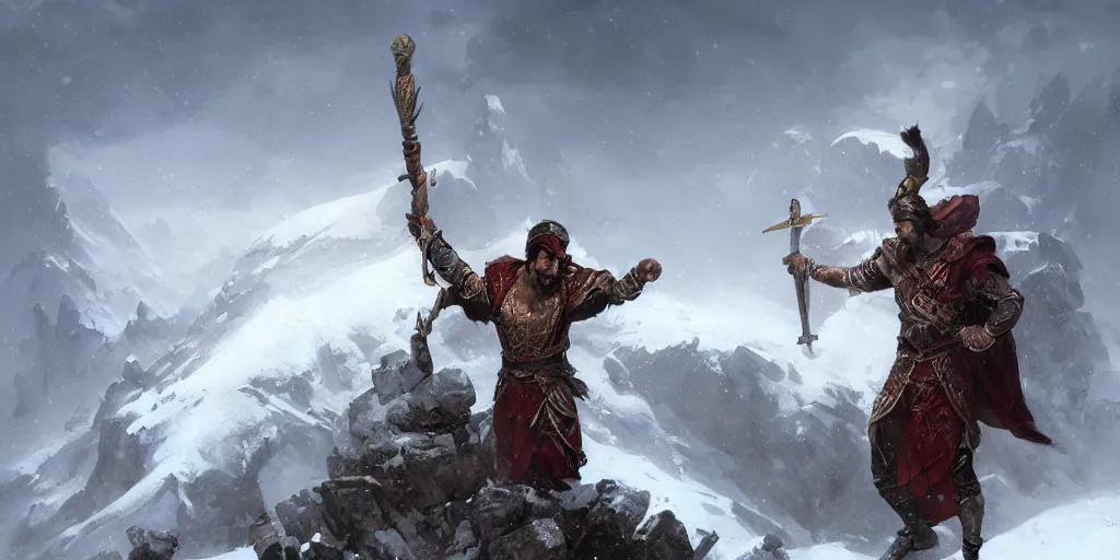 Image similar to ancient persian super hero the rostam with a mace in hand on a snowy mountain peak, art by greg rutkowski, dark fantasy art, high detail, trending on artstation, insane details, dramatic lighting,