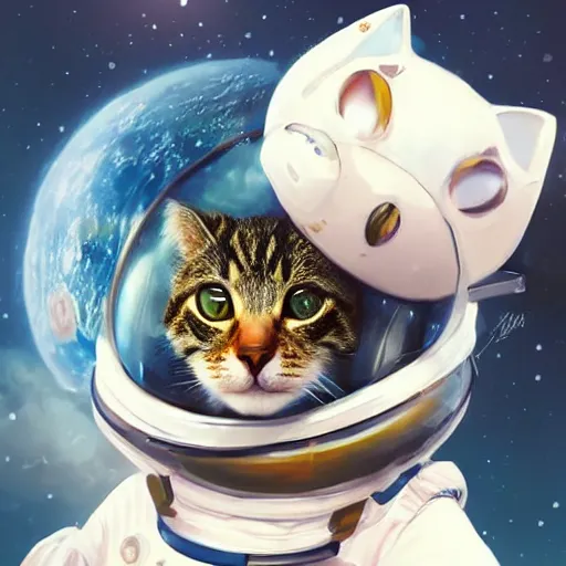 Image similar to head and shoulders masterpiece portrait of a cute adorable cat wearing a spacesuit, surreal background, digital art by krenz cushart, trending on artstation, cgsociety,