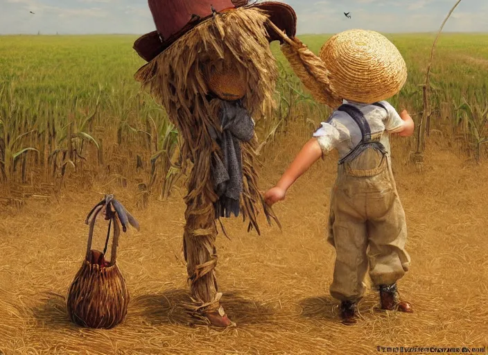 Image similar to a cute short and wide scarecrow with straw for hair and with a straw hat in overalls walking on a dirt road next to a large tall corn field, by tom lovell, ross tran, terry redlin, jean baptiste monge, greg rutkowski, painterly