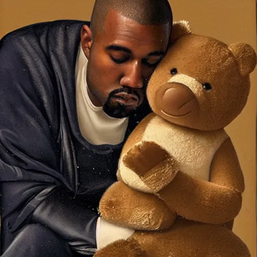 Prompt: A renaissance painting of Kanye West with a anthropomorphic Teddy Bear mascot, portrait,