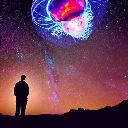 Prompt: over the shoulder photo of a man watching a magic cosmic glowing jellyfish in glowing cosmic stardust, colorful stars, galaxies, space, award winning photo, intricate, high detail, atmospheric, desolate