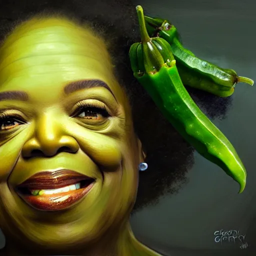 Image similar to a dish of oprah winfreys face fused with okra veg with green stalky ( ( green oprah winfrey's face ) ), oprah okra winfrey sentient veg, by greg rutkowski