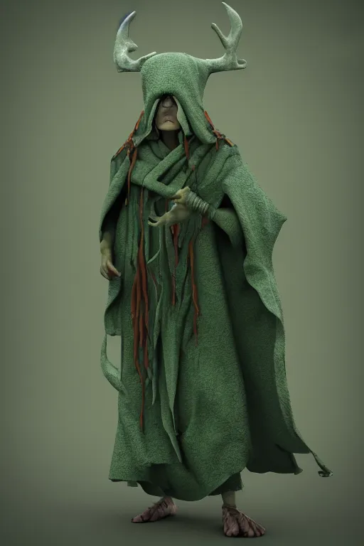 Image similar to A cute shaman with no nose, glowing eyes and a very long hooded dark green cloak of leaves by Julien Kaspar, 3D render, stylized, Cycles Render