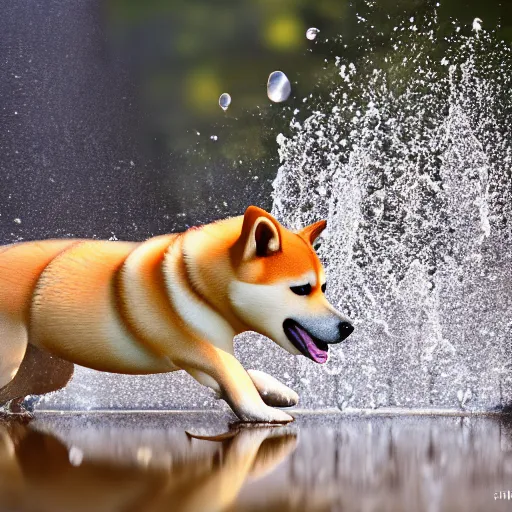 Prompt: shiba inu splashing in a puddle, realism, highly detailed, back lit, god rays, bloom, 4k