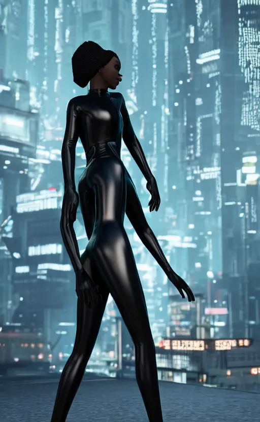 Prompt: a beautiful Black woman wearing leather black catsuit, standing in futuristic blade runner city, unreal engine, artstation