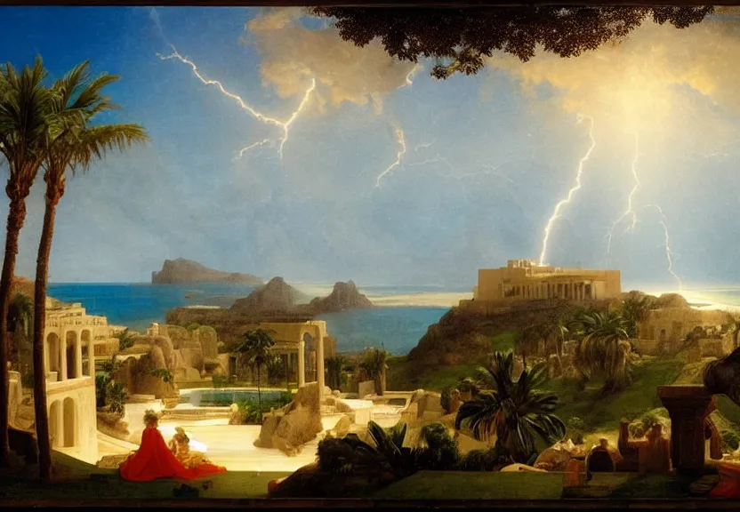 Image similar to The highest palace ever made, thunderstorm, greek pool, beach and palm trees on the background major arcana sky, by paul delaroche, hyperrealistic 4k uhd, award-winning very detailed