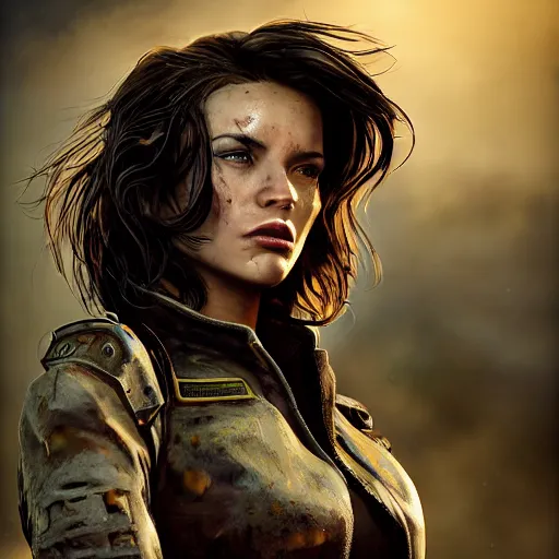 Image similar to fallout 5, charismatic beautiful rugged brunette female protagonist, portrait, outdoors in front of the entrance to vault 1 5 6, atmospheric lighting, painted, intricate, volumetric lighting, beautiful, daytime, sunny weather, slight overcast, sharp focus, deep colours, ultra detailed, by leesha hannigan, ross tran, thierry doizon, kai carpenter, ignacio fernandez rios