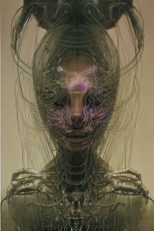 Prompt: hyper realistic painting portrait of cyber princess in the techno altar by wayne barlowe, beksinski, hr giger, austin osman spare, bussiere, roberto ferri, rembrandt, luis ricardo falero, intrincate ornaments