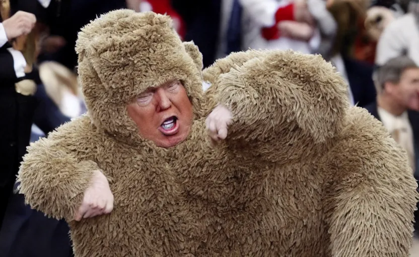 Image similar to Donald Trump in a baby mammoth costume , with an open face