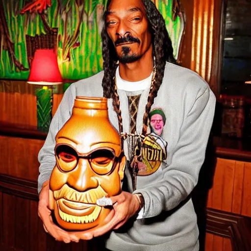 Image similar to snoop dogg at trader vic's bar holding a tiki mug with his face on it