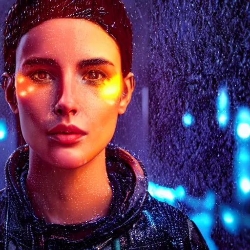 Prompt: human portrait sculpted out of rain, beautiful, neon, epic detail, galactic background, rendered in octane, unreal engine, realistic