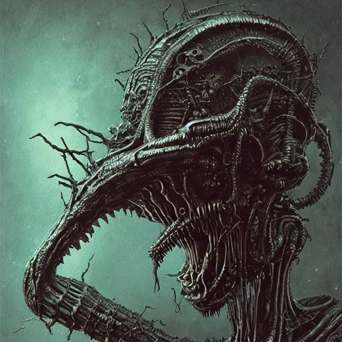 Image similar to space alien, slimy, glossy, sharp teeth, by h. r. giger, beksinski, nightmare fuel, nightmarish, intricate, highly detailed, optical illusion, stranger things demogorgon, volumetric lighting, flickering