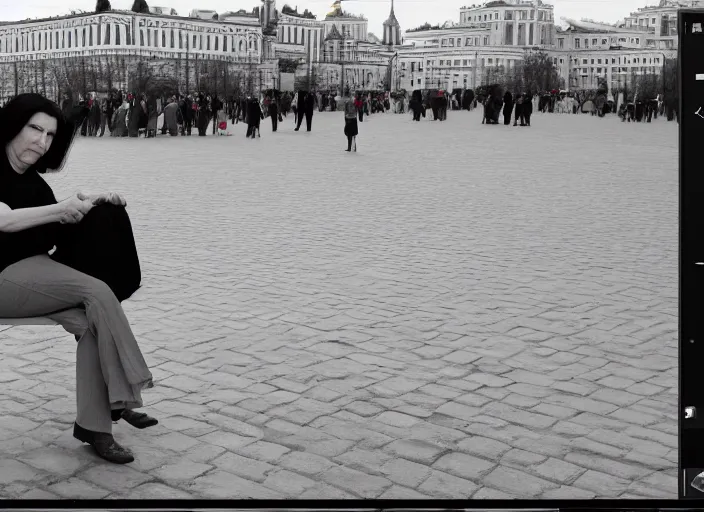 Prompt: a bw screenshoot of marina abramovich sitting on the table in the middle of red square in moscow hyper - detailed face surveillance camera