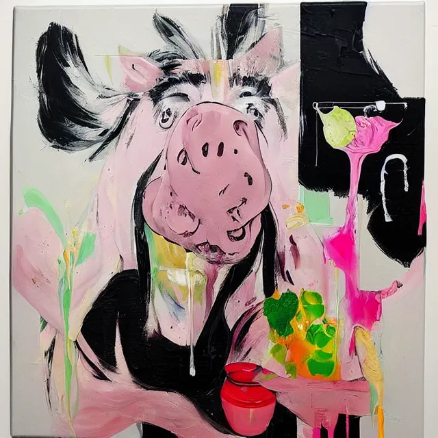 Image similar to “ a portrait in a female art student ’ s apartment, sensual, a pig theme, art supplies, paint tubes, ikebana, herbs, a candle dripping white wax, black walls, squashed berries, berry juice drips, acrylic and spray paint and oilstick on canvas, surrealism, neoexpressionism ”