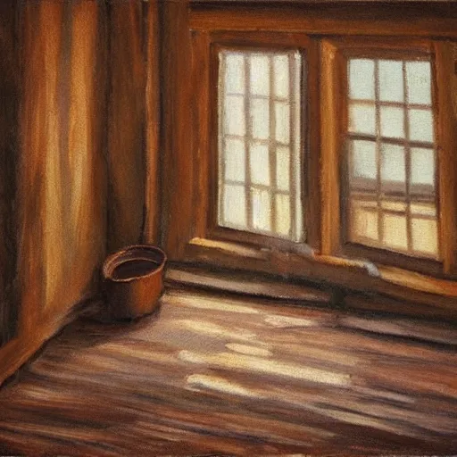 Image similar to oil painting of mostly empty cottage interior, one small window with sunlight shining onto the floor. artistic. cozy. wooden floor. rustic.