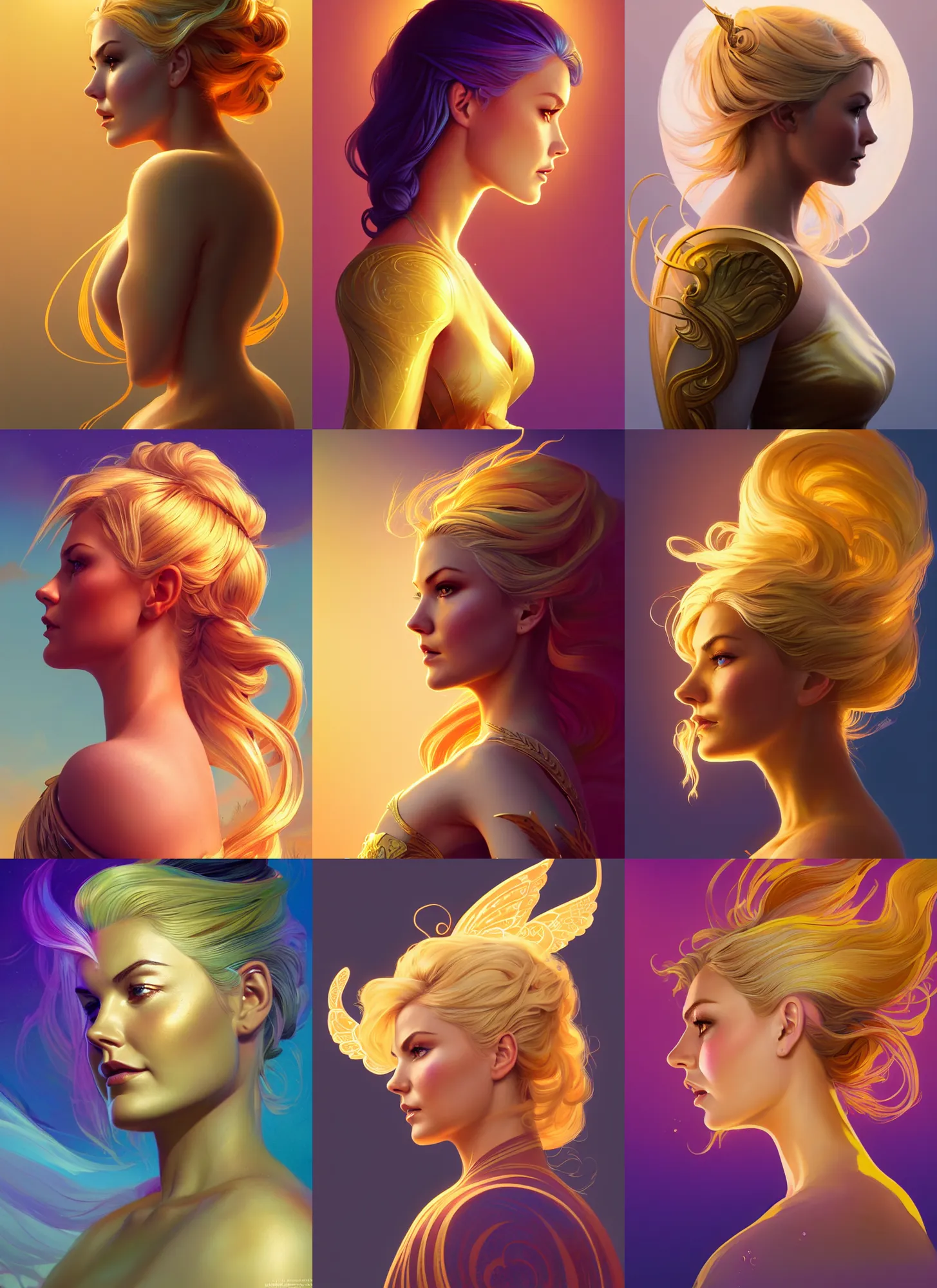 Prompt: side profile centered painted portrait, Elisha Cuthbert as golden fairy, golden wings, D&D, Gloomhaven, matte painting concept art, art nouveau, beautifully backlit, swirly vibrant color lines, fantastically gaudy, aesthetic octane render, 8K HD Resolution, by ilya kuvshinov and Cushart Krentz and Gilleard James