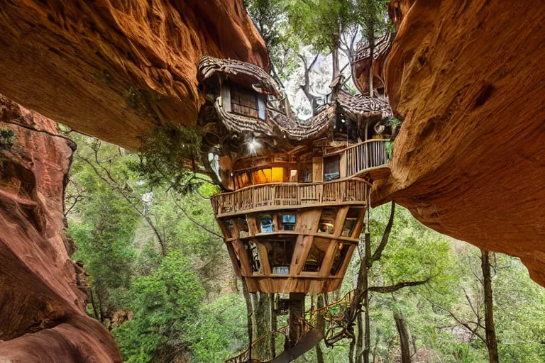 Image similar to an elaborate whimsical treehouse built on the top of a large canyon, hyperdetailed photograph