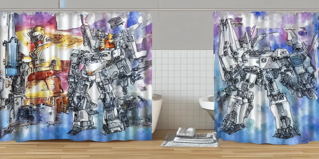 Prompt: shower curtain product catalog. wide - angle photo. on the curtain is a watercolor of the mecha streisand in south park ( tv ). the water color has ink under drawing. wide - angle product photography of a shower curtain, product lighting. 4 k, highly detailed. saturated.