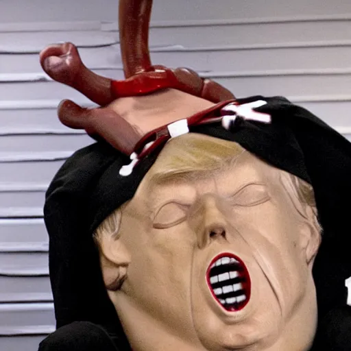 Image similar to donald trump in a straightjacket wearing hannibal mask