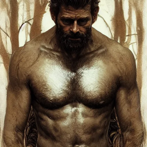 Image similar to portrait of the god of the forest, 40 years old, rugged, male, gorgeous, detailed face, amazing, hairy torso, muscular, intricate, highly detailed, digital painting, artstation, concept art, sharp focus, illustration, art by greg rutkowski and alphonse mucha