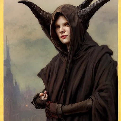 Prompt: masterpiece portrait of a clothed surly and resentful female tiefling thief with two horns wearing a hooded cloak and thief's clothing, by Greg Rutkowski and John Collier and Krenz Cushart and Artem Demura and Alphonse Mucha and Albert Aublet, as seen on ArtStation, 4k, dungeons and dragons, very aesthetic, very detailed, intricate, unreal, fantasy, dramatic, painterly, artstation, sharp focus, smooth