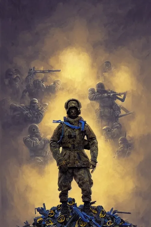 Image similar to a distant shot of a Ukrainian Modern Warfare soldier with blue and yellow flag standing alone on a pile of skulls as a winner, masculine figure, D&D, fantasy, intricate, elegant, highly detailed, hyperrealistic, extremely detailed, digital painting, artstation, concept art, matte, sharp focus, symmetrical, illustration, art by Artgerm and Greg Rutkowski and Alphonse Mucha