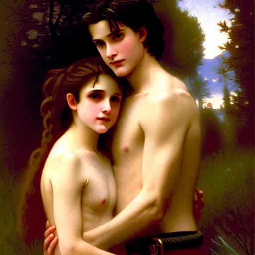 Image similar to twilight version of stranger things, portrait of edward and bella by william - adolphe bouguereau in the style of gaston bussiere, art nouveau