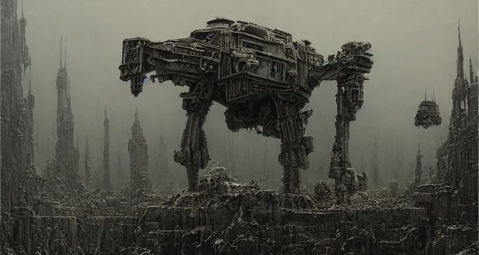 Image similar to a beautiful hyperrealistic ultradetailed matte painting of a dieselpunk AT-AT mech, by James Stokoe and harry clarke and Zdzisław Beksiński and Jakub Rozalski and HR Giger:3.00, skulls and gas masks, dark, realistic, black smoke, oil, machine parts, dystopian, insane details, intricate, mecha, embers, trending on artstation, micro details, HD wallpaper, 8k