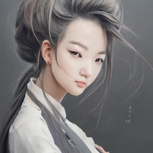 Image similar to dynamic composition, motion, ultra-detailed, incredibly detailed, a lot of details, amazing fine details and brush strokes, colorful and grayish palette, smooth, HD semirealistic anime CG concept art digital painting, watercolor oil painting of a young office lady, by a Chinese artist at ArtStation, by Huang Guangjian, Fenghua Zhong, Ruan Jia, Xin Jin and Wei Chang. Realistic artwork of a Chinese videogame, gradients, gentle an harmonic grayish colors.