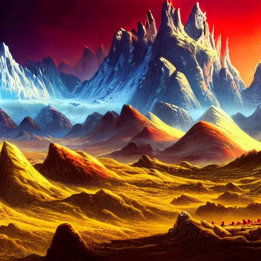 Image similar to The blood landscape with mountains in the background, Sci-Fi fantasy wallpaper, painted, 4k, high detail, sharp focus