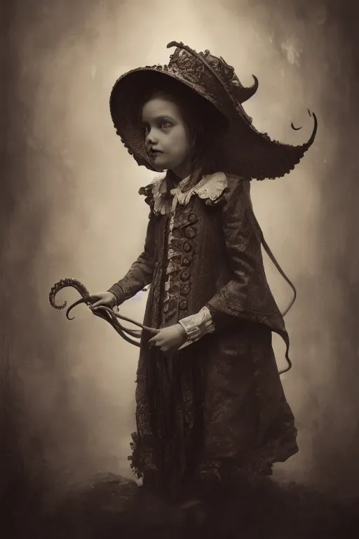 Prompt: wet plate photograph portrait of child with an octopus head, dressed in a victorian - era clothing, dramatic lighting, highly detailed, digital painting, artstation, concept art, smooth, sharp focus, illustration, art by wlop, mars ravelo and greg rutkowski