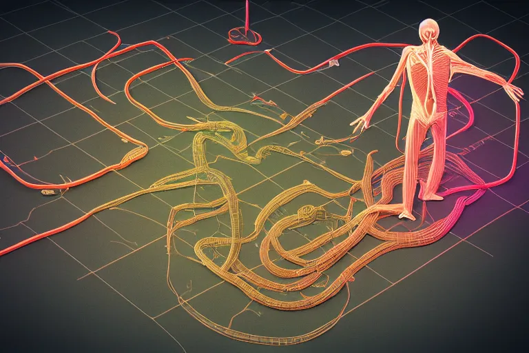 Image similar to anatomical diagram of a snake oil salesman, diagram by Dan Hiller, 3D rendering by Beeple