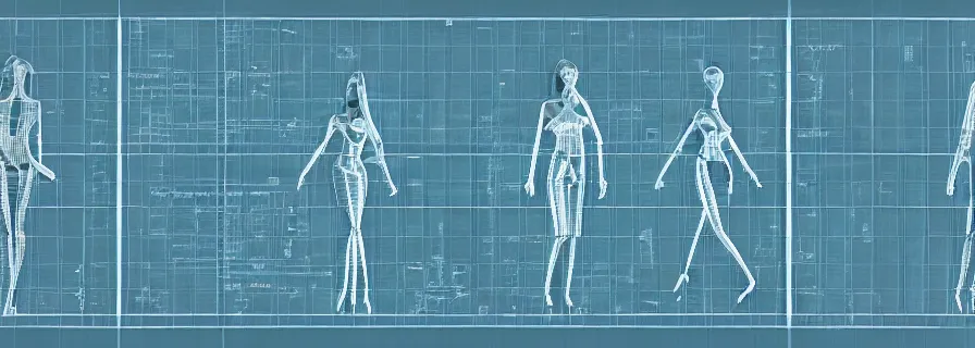 Image similar to pattern of anthropomorphic 3 d females looking like playboy models accompanying artificial intelligence blueprint