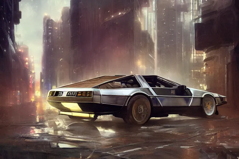 Image similar to photograph of the delorean, with a sleek spoiler, driving down the streets of a cyberpunk abandoned city, by greg rutkowski, by stanley artgerm, by alphonse mucha