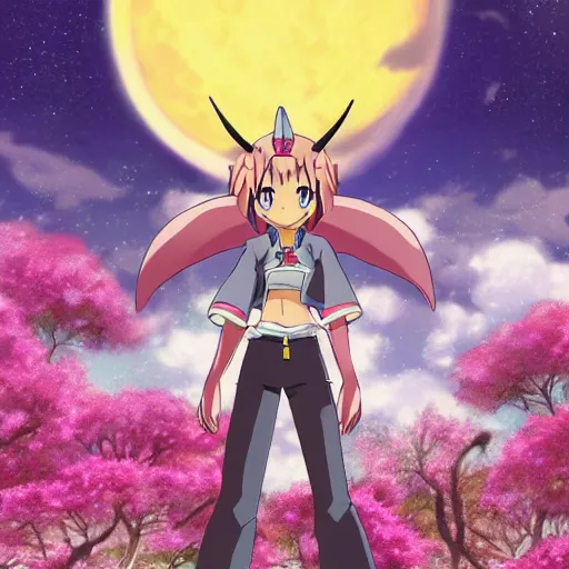 Image similar to sakuyamon from Digimon Tamers in front of the moon by a beautiful lake, sakura petals around her, night time, anime, key art, promo art, Digimon