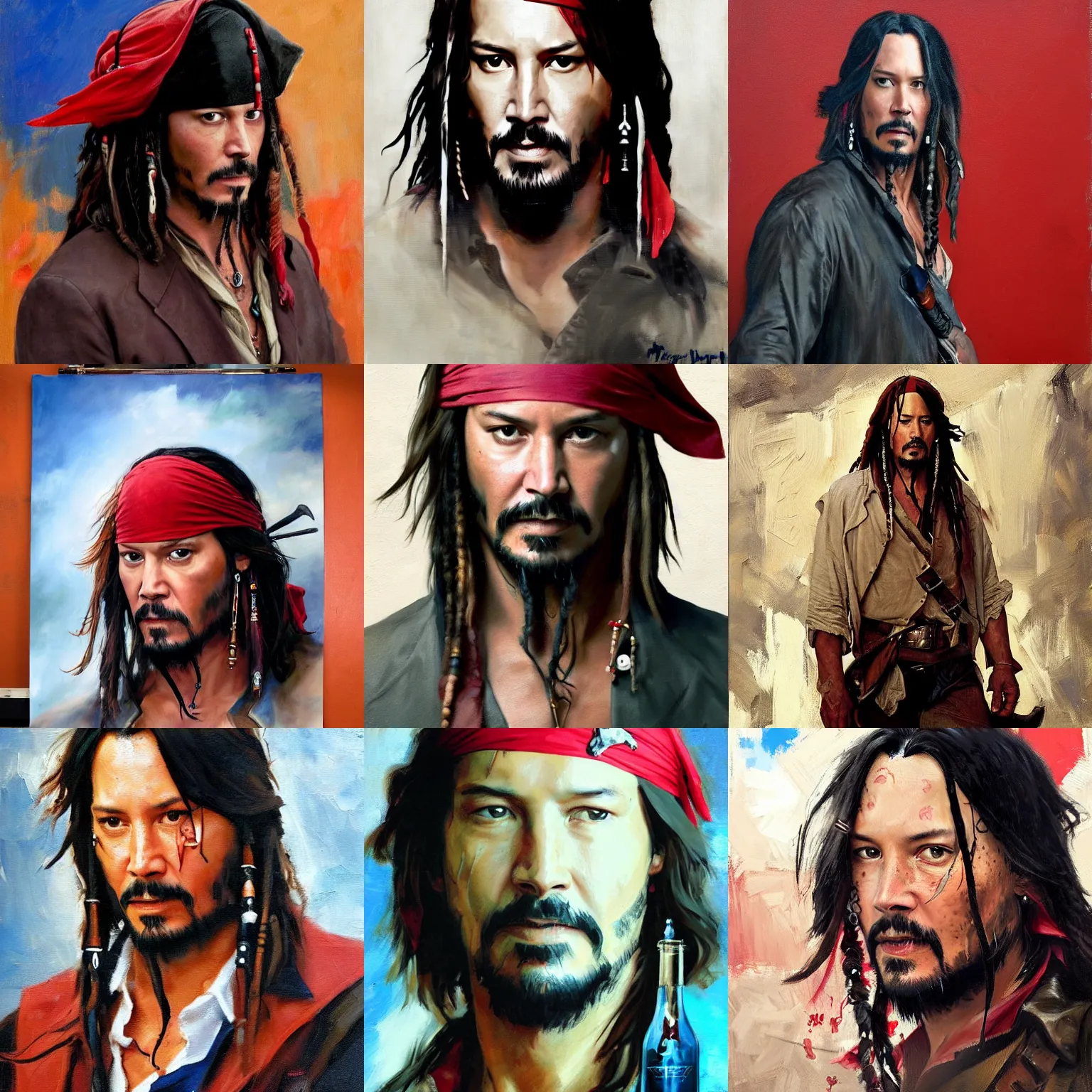 Prompt: greg manchess portrait painting of confident keanu reeves as captain jack sparrow, medium shot, asymmetrical, profile picture, red vest, rum bottle, organic painting, rainy day, vibrant, matte painting, bold shapes, hard edges, street art, trending on artstation, by huang guangjian and gil elvgren and sachin teng