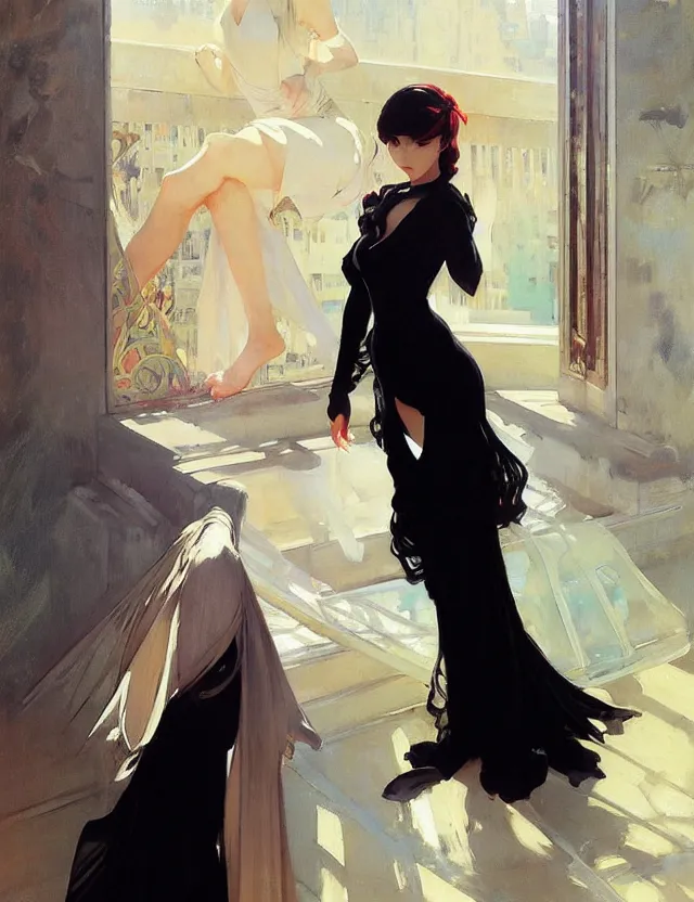 Image similar to savvy — today at 4 : 0 2 pm beautiful anime woman in tight black dress with high slit, krenz cushart, mucha, by joaquin sorolla rhads leyendecker, by ohara koson