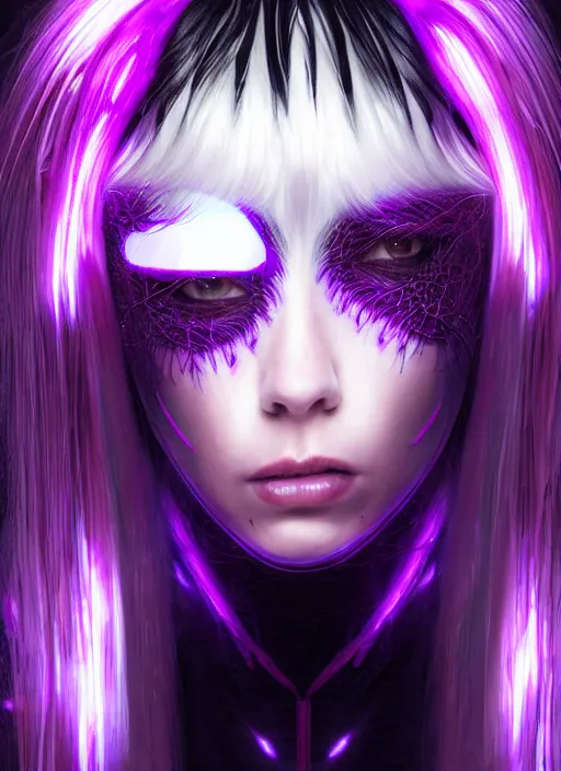 Image similar to hair whitebangs hair, black cyberlox, portrait of teenage girl with white bangs, whitebangsblackhair, messy bangs, cyberlox, whitebangs, red irises, purple clothes, intricate, elegant, glowing lights, highly detailed, digital painting, artstation, concept art, sharp focus, illustration, art by wlop, mars ravelo and greg rutkowski