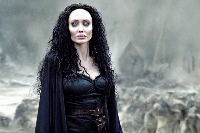 Prompt: film still Angelia Jolie as Bellatrix Lestrange in Harry Potter movie