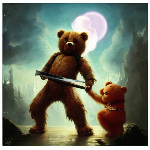 Image similar to a teddy bear pointing a sword at a monster above a child's bed, illustrated by miyazaki by karol bak, james jean, tom bagshaw, rococo, sharp focus, trending on artstation, cinematic lighting, hyper realism, octane render, 8 k, hyper detailed, vivid, ultra detailed, highly detailed