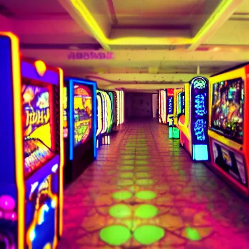 Prompt: beautiful fuzzy photograph of an empty liminal 9 0 s arcade