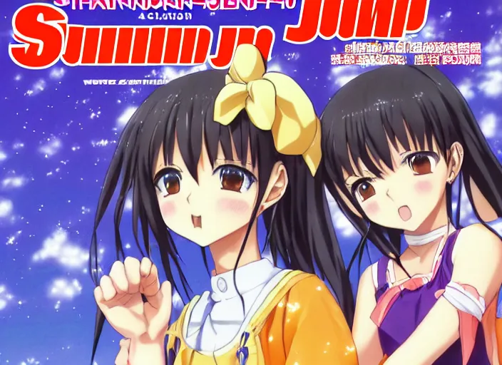 Image similar to ; weekly shonen jump issue 1 4, cover, 2 0 0 0 clannad shuffle toheart event'anime illustration japanese very very beautiful cute girls doing cute things trending on artstation pixiv makoto shinkai smiling super detailed eyes eyebrowless symmetry face visual novel hairpin star