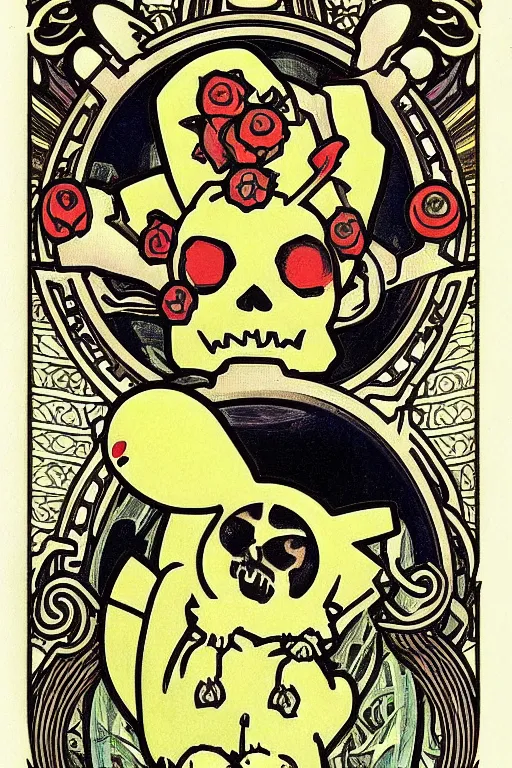 Image similar to skull of pikachu pokemon portrait in tarot style by Alphonse Mucha, detailed intricate, art nouveau