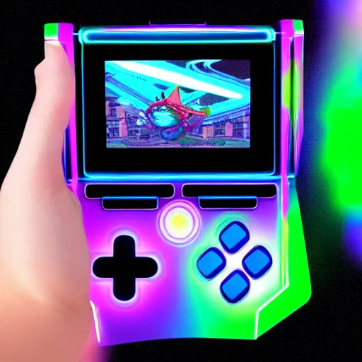 Prompt: Futuristic Handheld Video Game System with Holographic Display