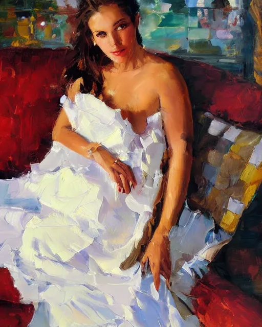 Prompt: a painting of a woman sitting on a couch, a fine art painting by michael garmash, deviantart, figurative art, detailed painting, oil on canvas, fine art