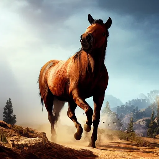 Image similar to kanye west as a horse in red dead redemption, splash art, movie still, detailed face, photorealistic facial features, cinematic lighting, dramatic, octane render, long lens, shallow depth of field, bokeh, anamorphic lens flare, 8 k, hyper detailed, 3 5 mm film grain